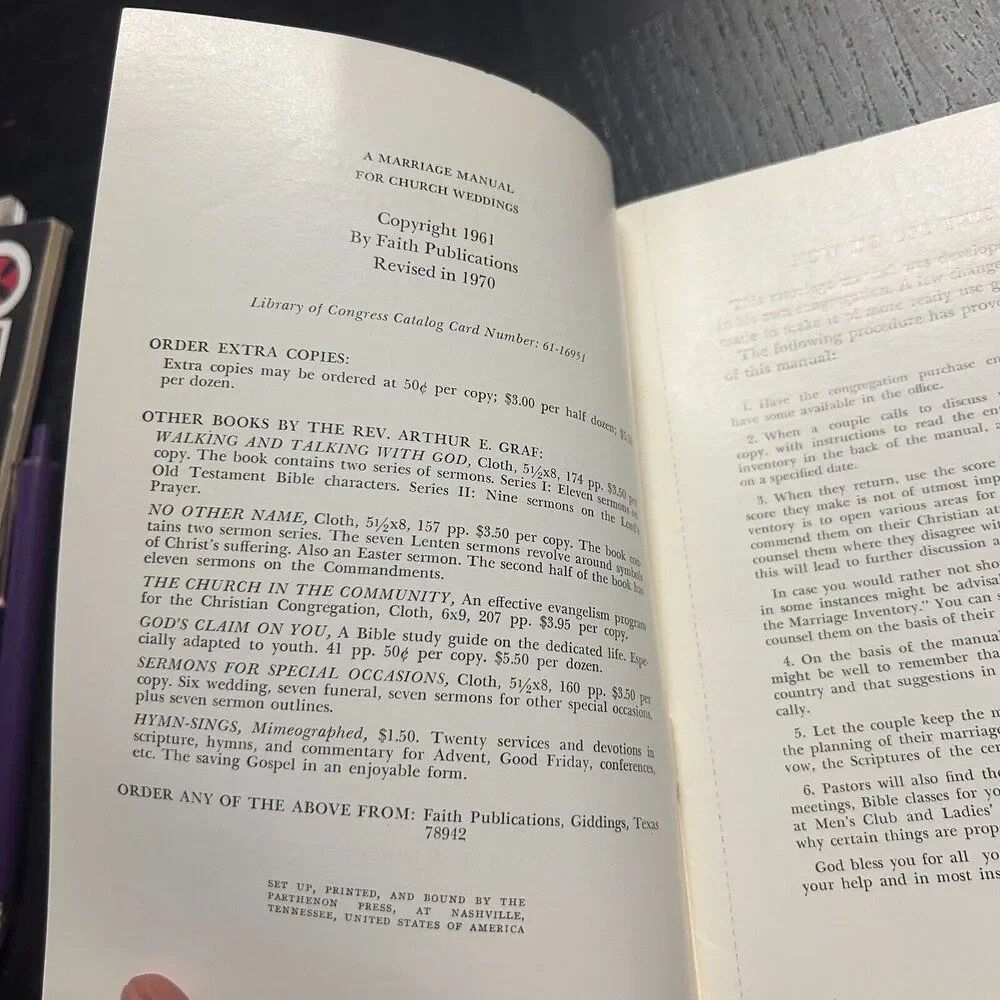 A Marriage Manual For Church Weddings by Arthur E. Grab 1970 Revised